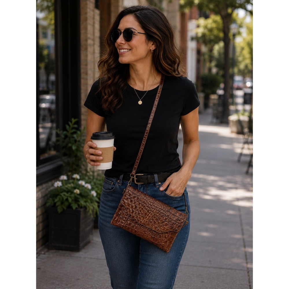 NWT Amelia Berko Genuine Leather‎ Aligator Embossed Brown Handbag